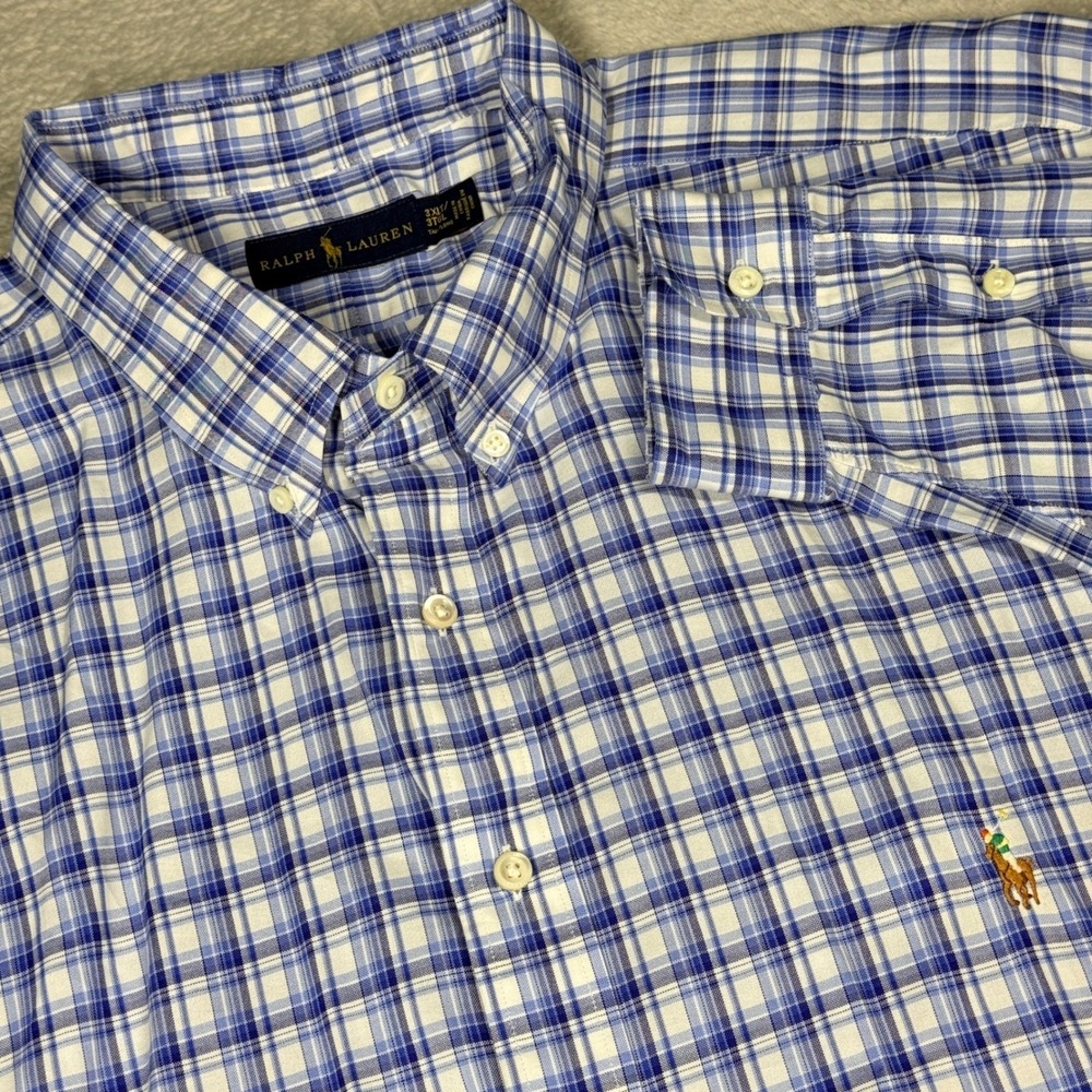 Ralph Lauren Button Down Mens 3XLT Blue Plaid Long Sleeve Tailored Cotton Shirt